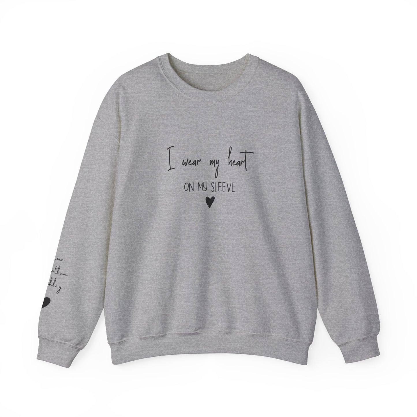 I Wear My Heart On My Sleeve Sweatshirt, Gift for Mum, Custom Mama Sweatshirt with Children Name on Sleeve, Mothers Day