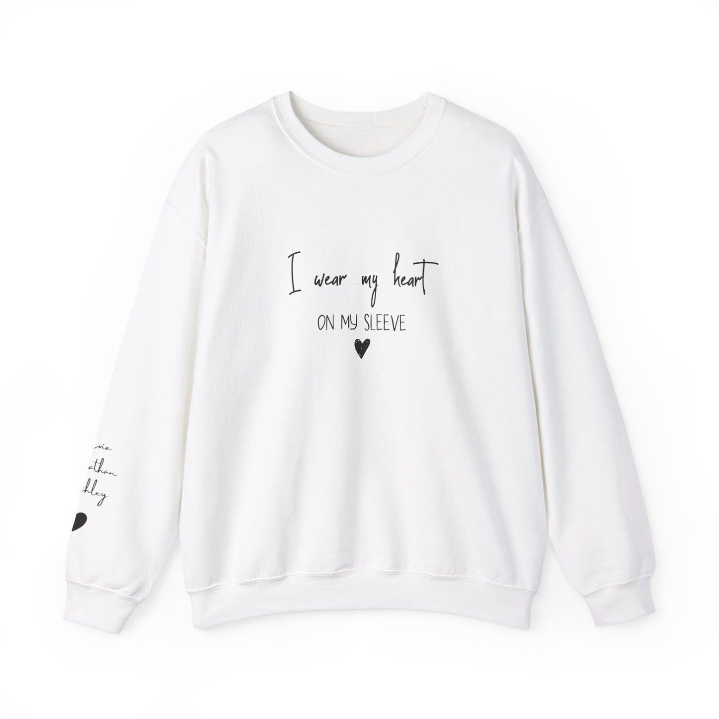 I Wear My Heart On My Sleeve Sweatshirt, Gift for Mum, Custom Mama Sweatshirt with Children Name on Sleeve, Mothers Day