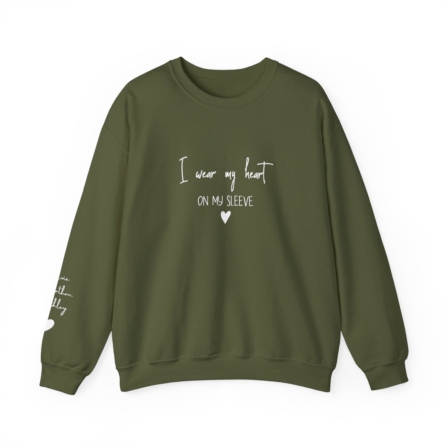 I Wear My Heart On My Sleeve Sweatshirt, Gift for Mum, Custom Mama Sweatshirt with Children Name on Sleeve, Mothers Day