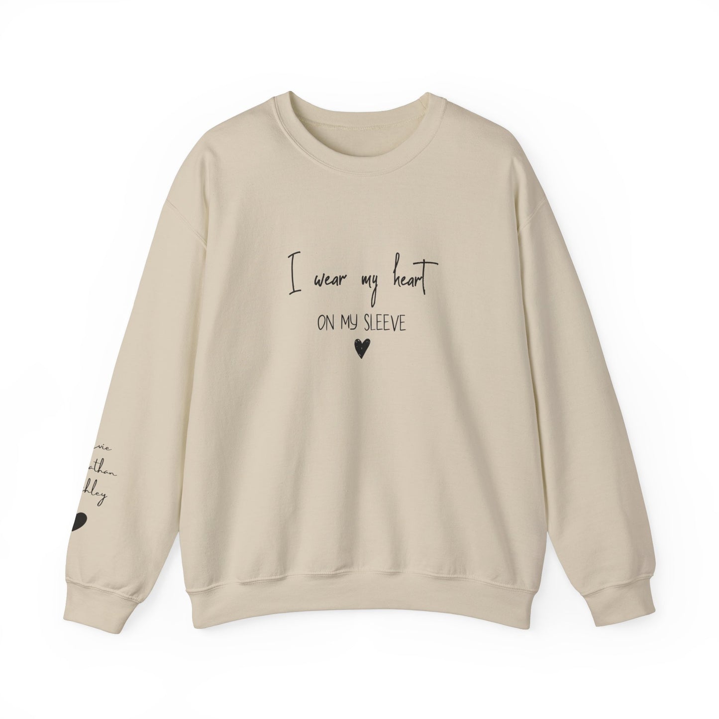 I Wear My Heart On My Sleeve Sweatshirt, Gift for Mum, Custom Mama Sweatshirt with Children Name on Sleeve, Mothers Day