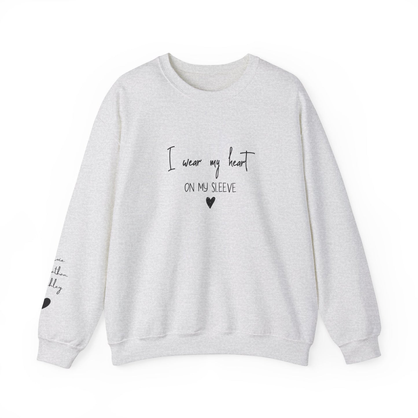 I Wear My Heart On My Sleeve Sweatshirt, Gift for Mum, Custom Mama Sweatshirt with Children Name on Sleeve, Mothers Day