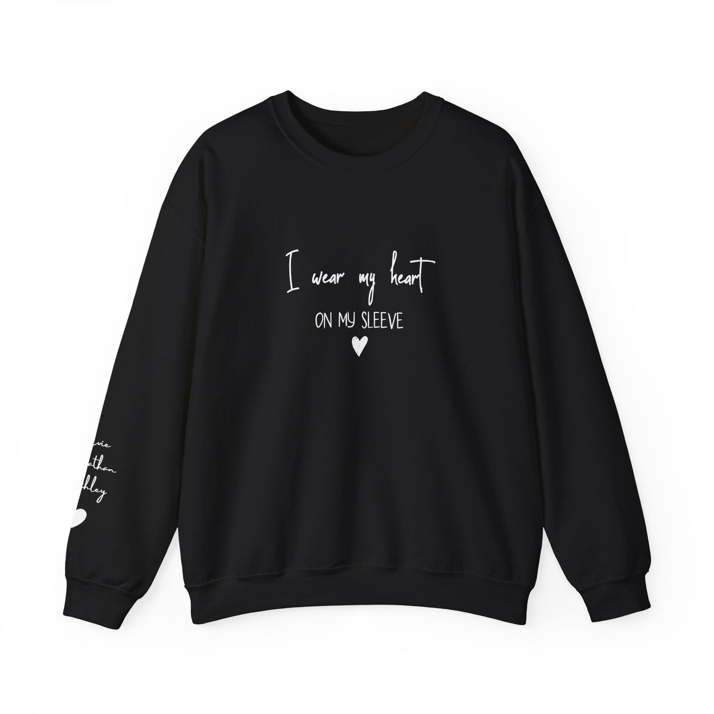 I Wear My Heart On My Sleeve Sweatshirt, Gift for Mum, Custom Mama Sweatshirt with Children Name on Sleeve, Mothers Day