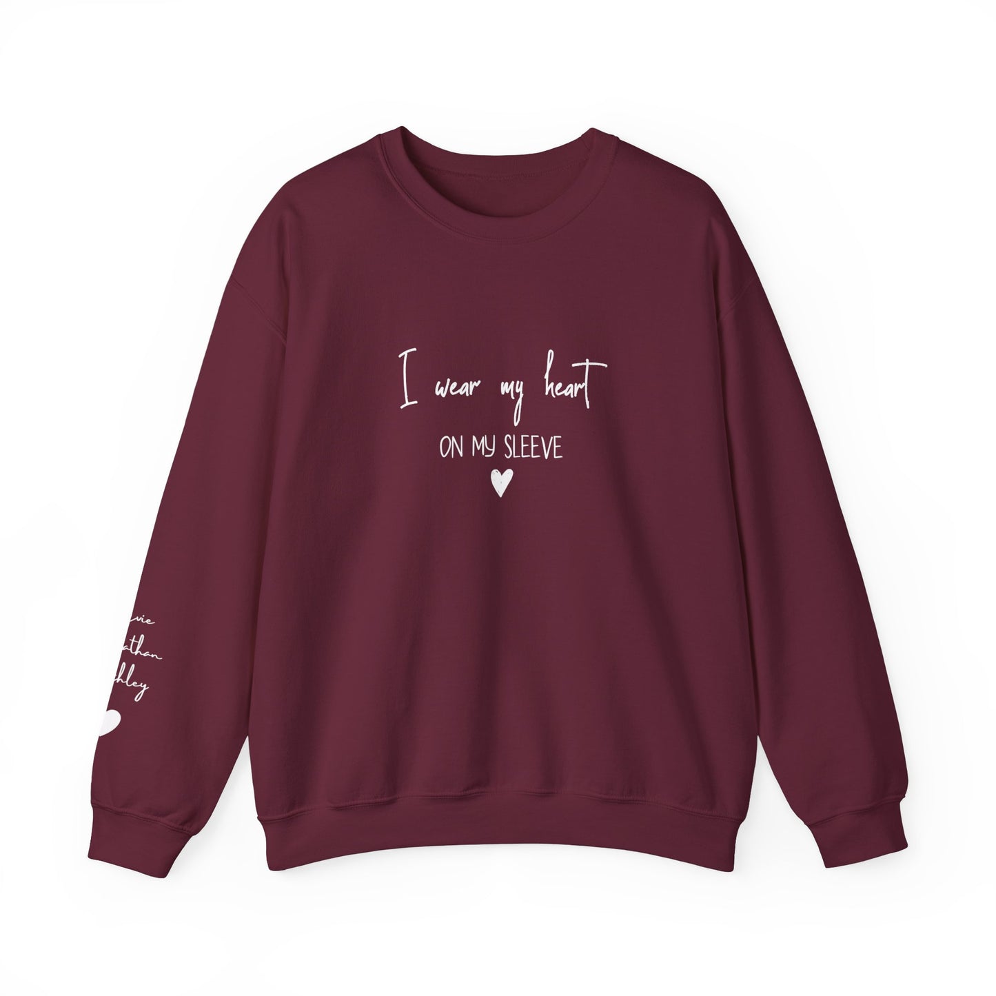 I Wear My Heart On My Sleeve Sweatshirt, Gift for Mum, Custom Mama Sweatshirt with Children Name on Sleeve, Mothers Day