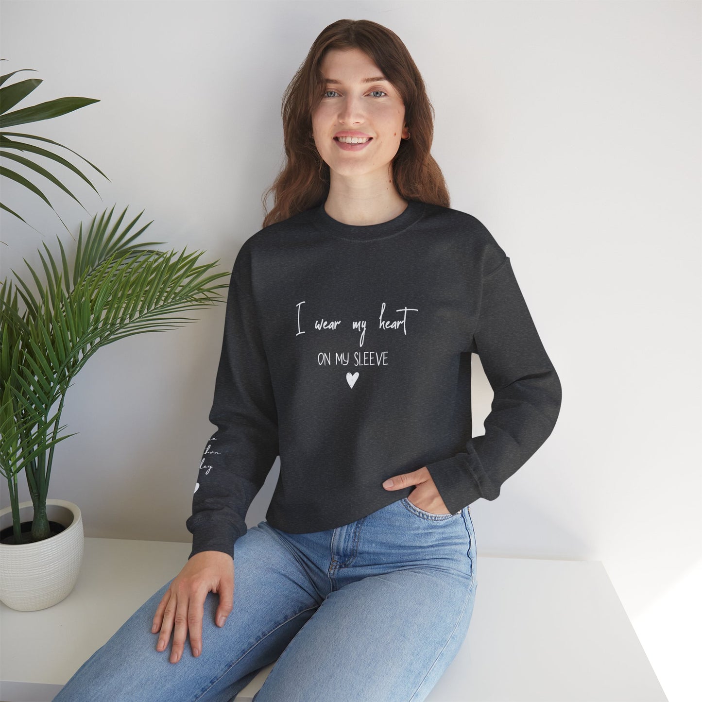 I Wear My Heart On My Sleeve Sweatshirt, Gift for Mum, Custom Mama Sweatshirt with Children Name on Sleeve, Mothers Day