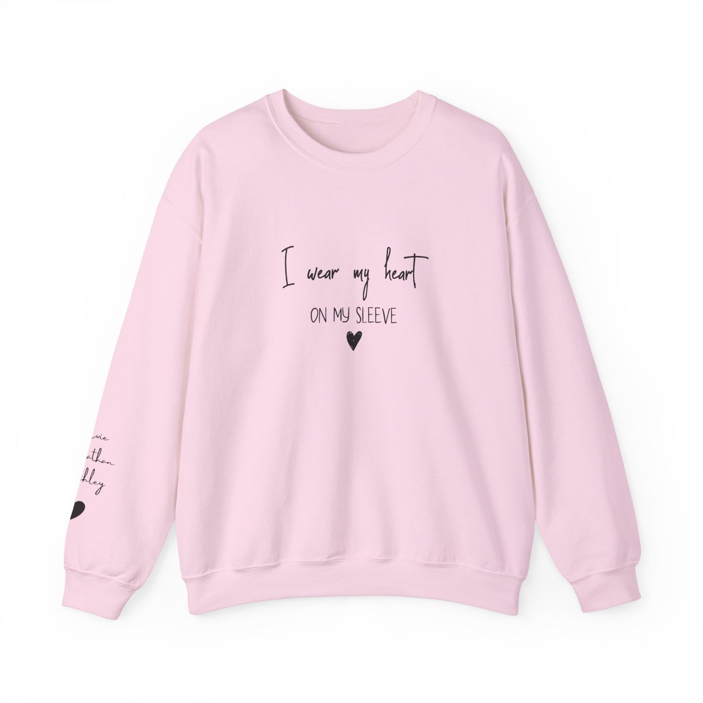 I Wear My Heart On My Sleeve Sweatshirt, Gift for Mum, Custom Mama Sweatshirt with Children Name on Sleeve, Mothers Day