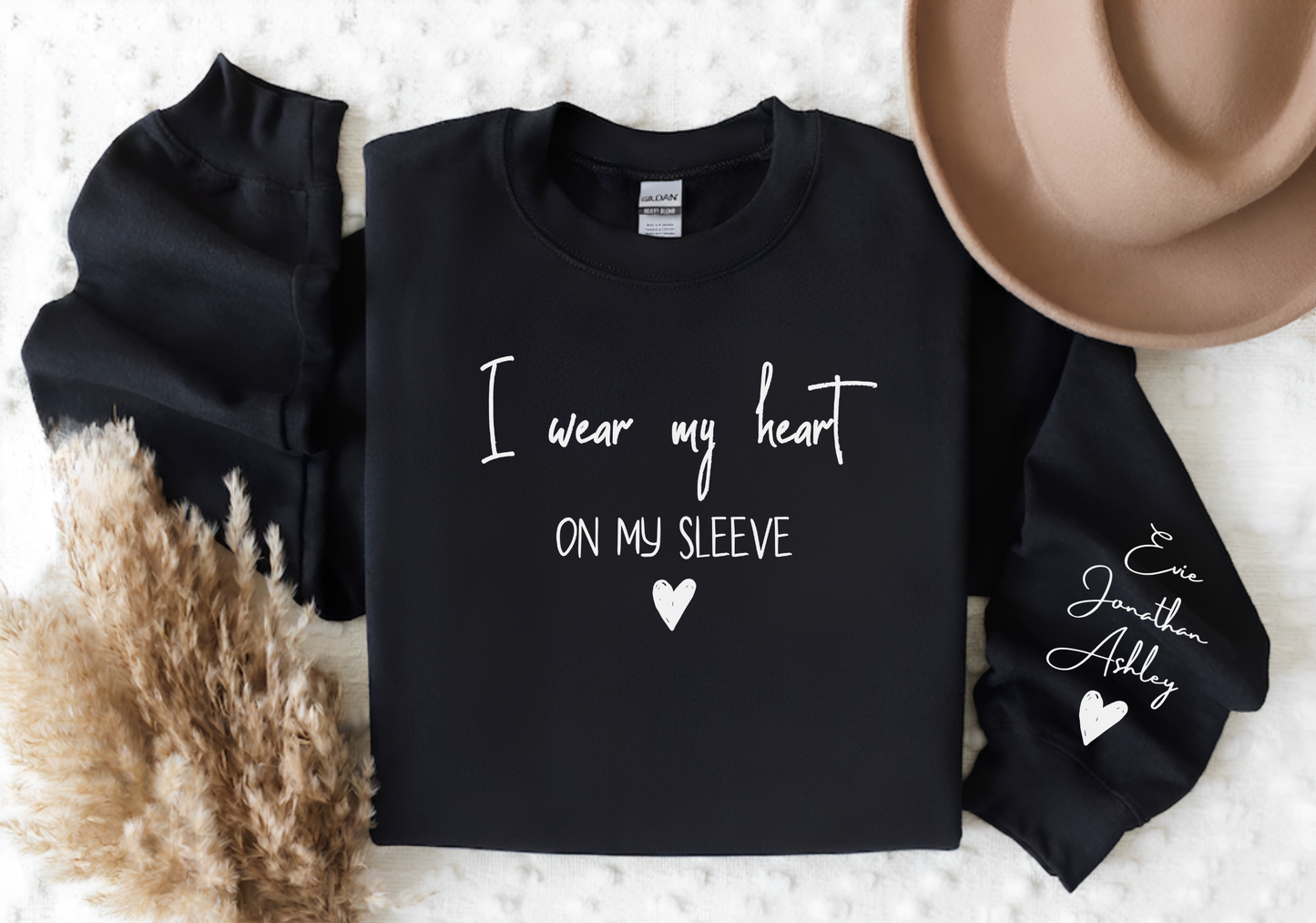 I Wear My Heart On My Sleeve Sweatshirt, Gift for Mum, Custom Mama Sweatshirt with Children Name on Sleeve, Mothers Day