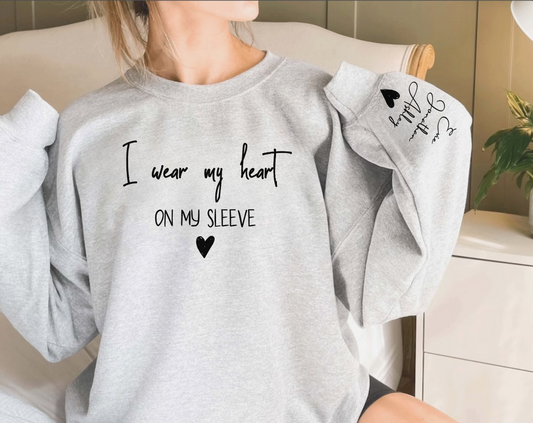 I Wear My Heart On My Sleeve Sweatshirt, Gift for Mum, Custom Mama Sweatshirt with Children Name on Sleeve, Mothers Day