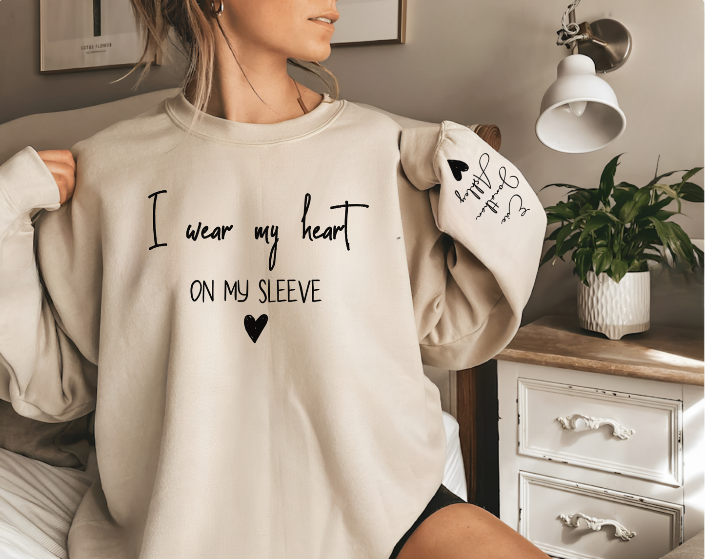 I Wear My Heart On My Sleeve Sweatshirt, Gift for Mum, Custom Mama Sweatshirt with Children Name on Sleeve, Mothers Day